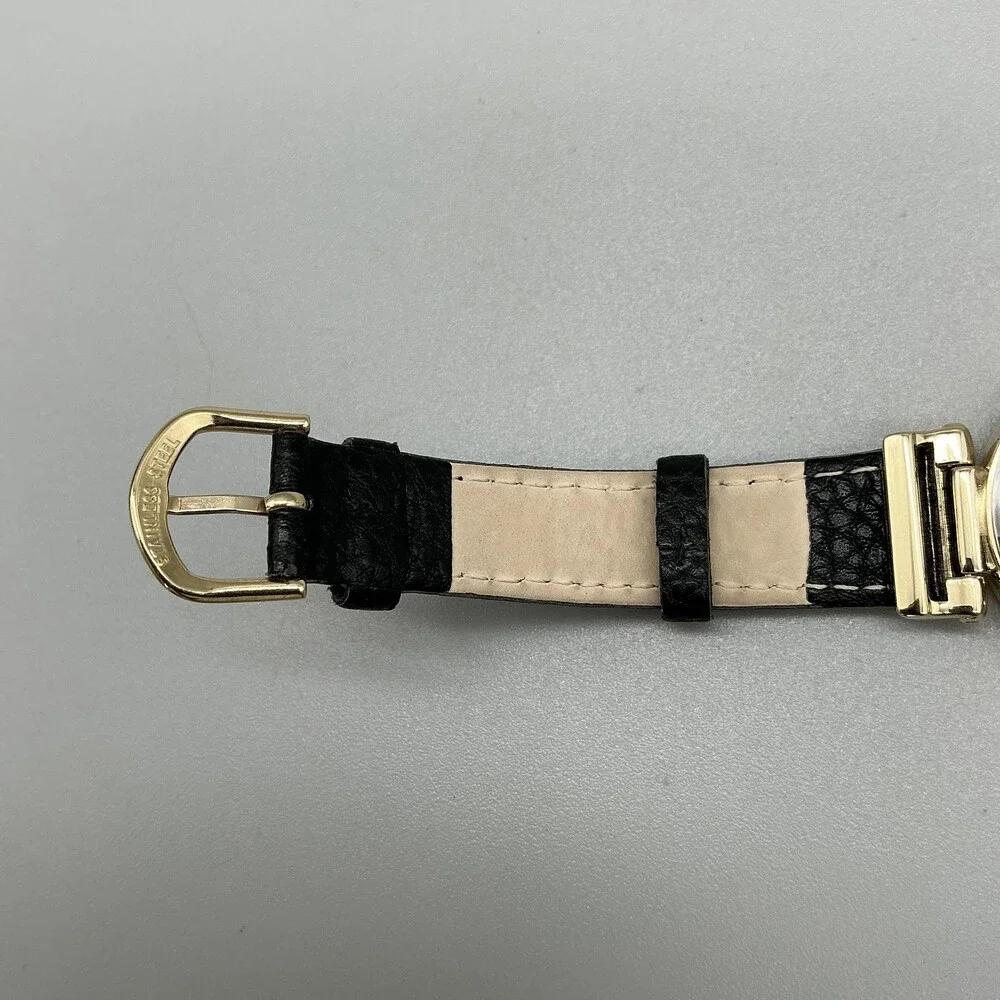 Anne Klein AK/2508 Womens Watch 36mm Gold Tone Black Leather Strap New Battery